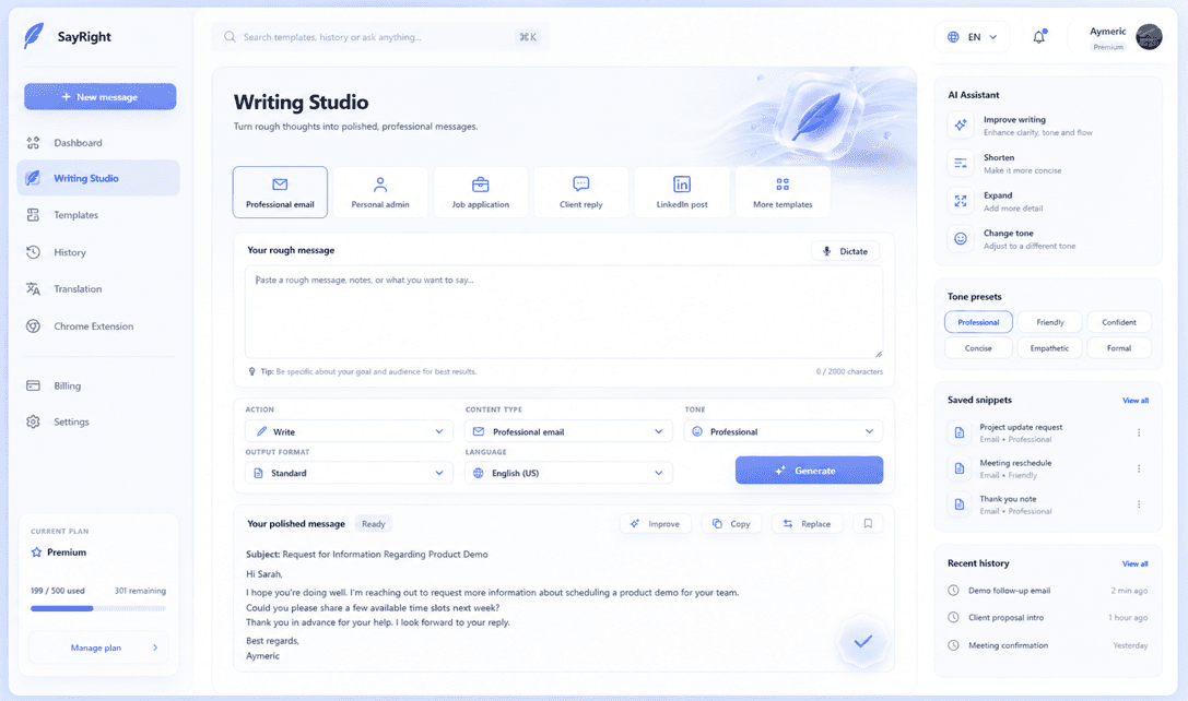 SayRight writing studio dashboard