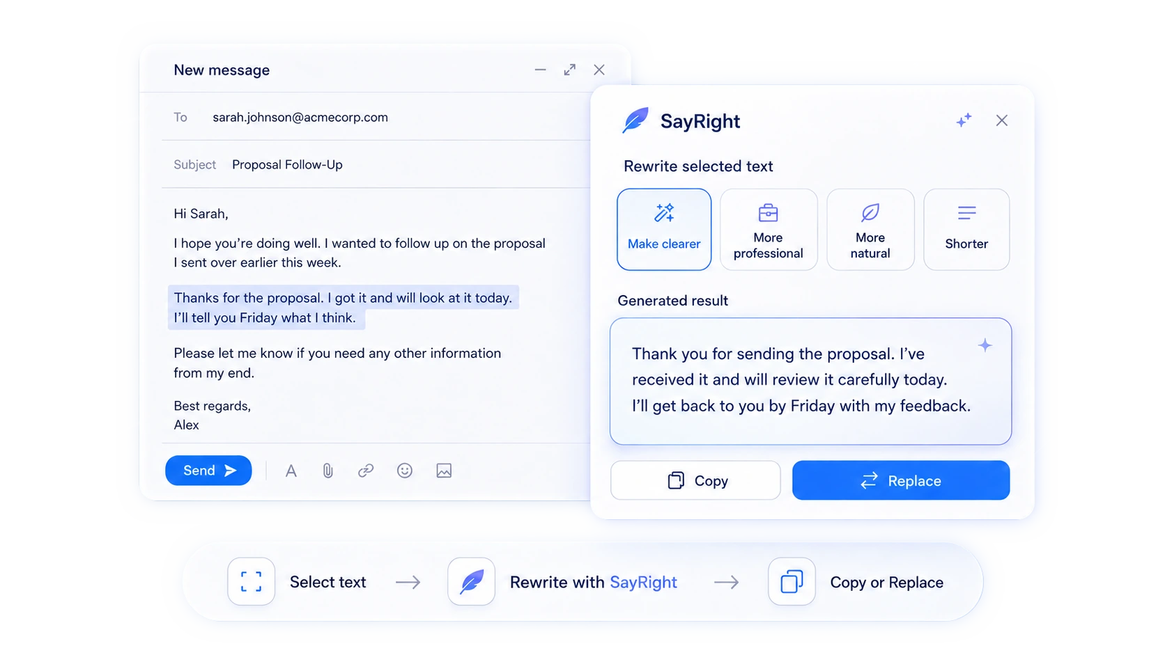 SayRight rewriting selected text inside an email composer